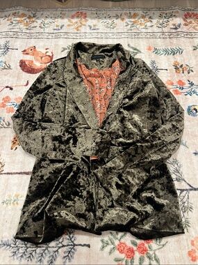 Sanctuary Olive Velvet Blazer with Coral Floral Trim
